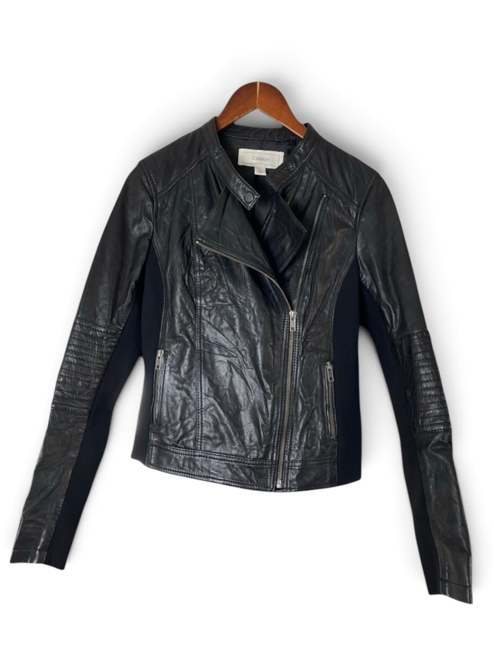Caslon Black Genuine Leather Moto Jacket XS Rib Knit Stretch Panels